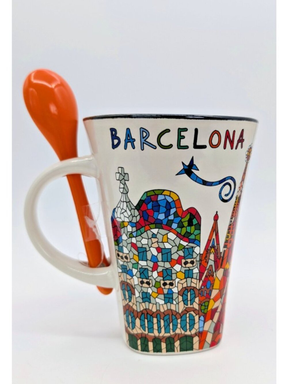 Barcelona Spain Ole Mosaic Ceramic Mug With Matching Spoon
